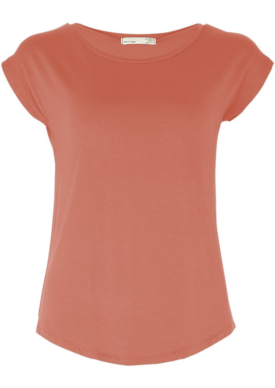 Shell T-shirt short sleeve round neck rounded bottom hem soft stretch rayon pink | Karma East Australia