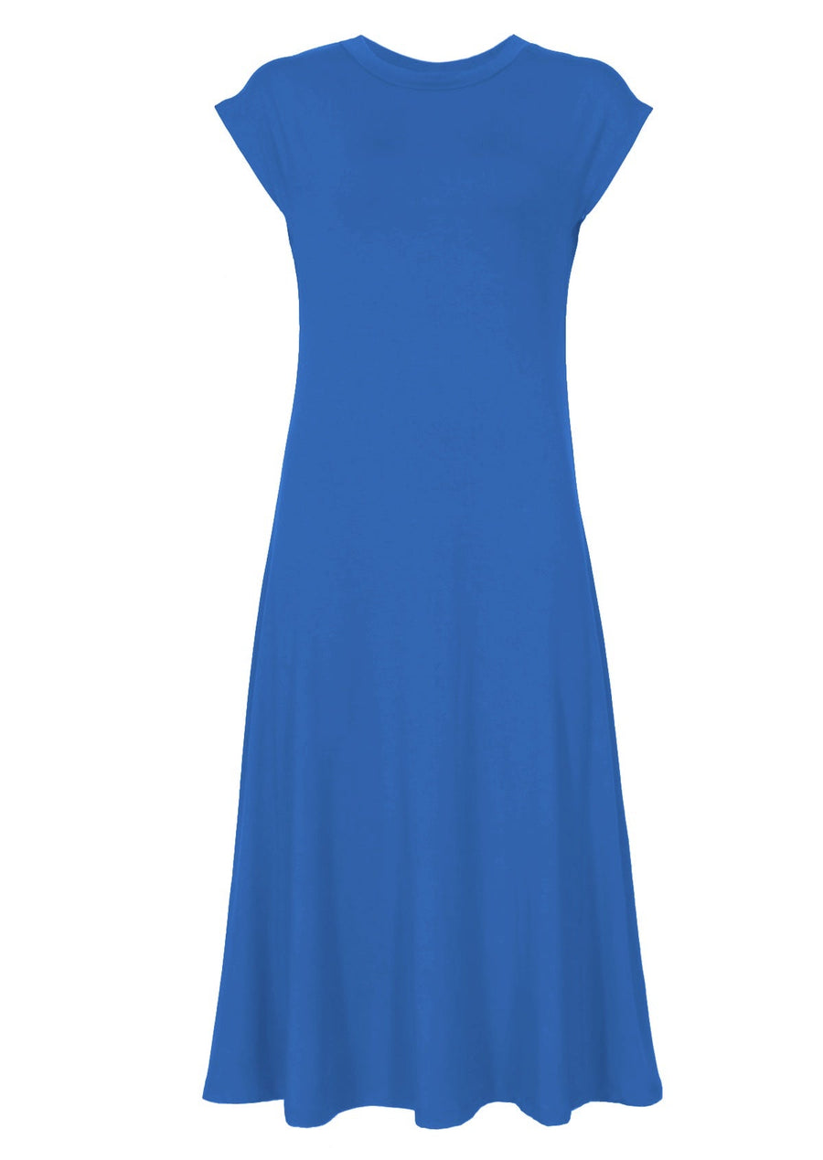 A-line Stretch Rayon Dress high round neck short cap sleeve fitted bodice a-line skirt midi length soft stretch rayon electric blue | Karma East Australia