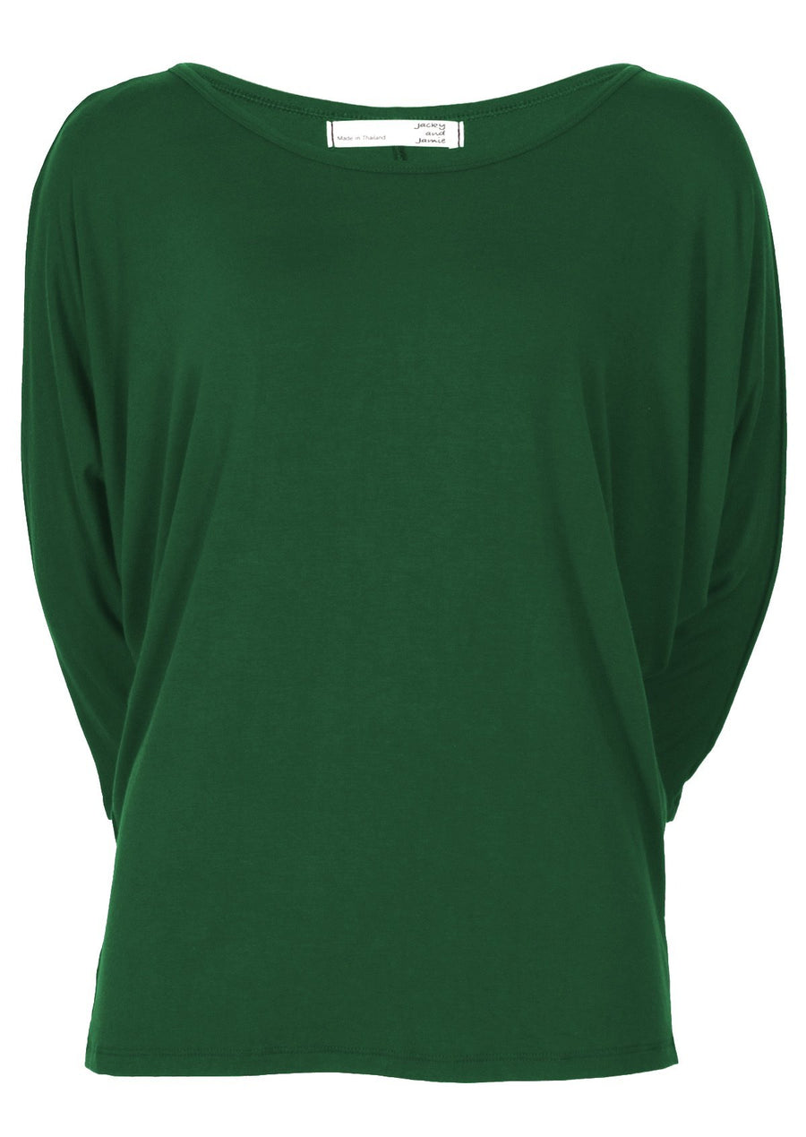 3/4 Sleeve Batwing Top round neckline 3/4 sleeve length batwing loose fitted bodice fits on hips Soft Stretch Rayon deep green | Karma East Australia
