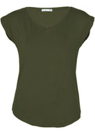 Front view of a women's olive green v-neck short cap sleeve rayon top