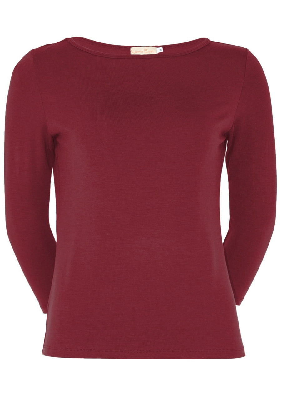 Boat Neck Top 3/4 sleeve fitted soft stretch rayon fabric maroon | Karma East Australia