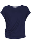 short sleeve women's top with asymmetrical detail creating gathering at the side
