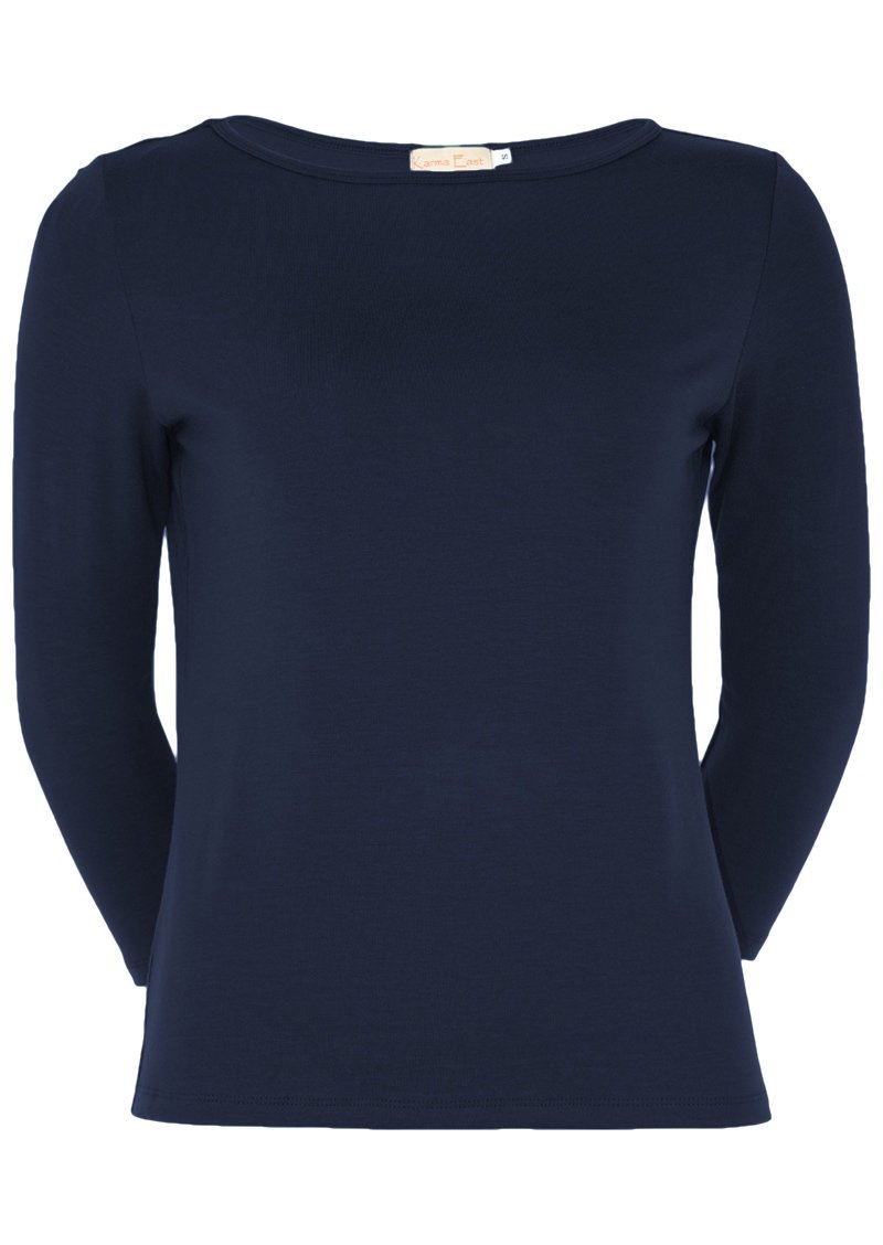 Boat Neck Top 3/4 sleeve fitted soft stretch rayon fabric navy blue | Karma East Australia