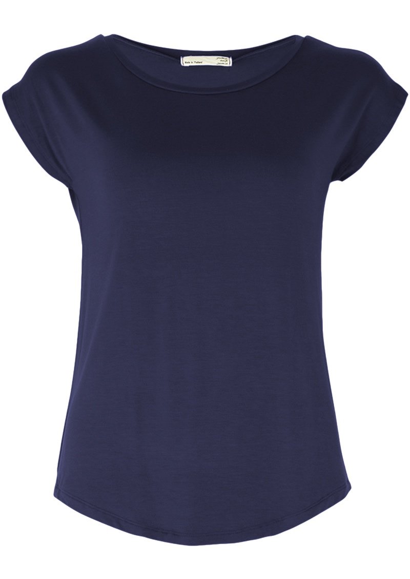 Shell T-shirt short sleeve round neck rounded bottom hem soft stretch rayon navy | Karma East Australia