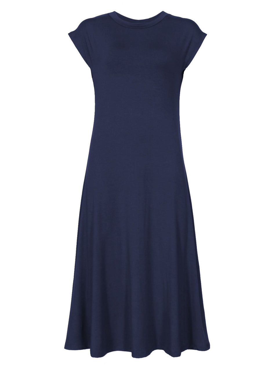 Short Sleeve A-line Midi Soft Stretch Rayon Dress Navy Blue | Karma East Australia