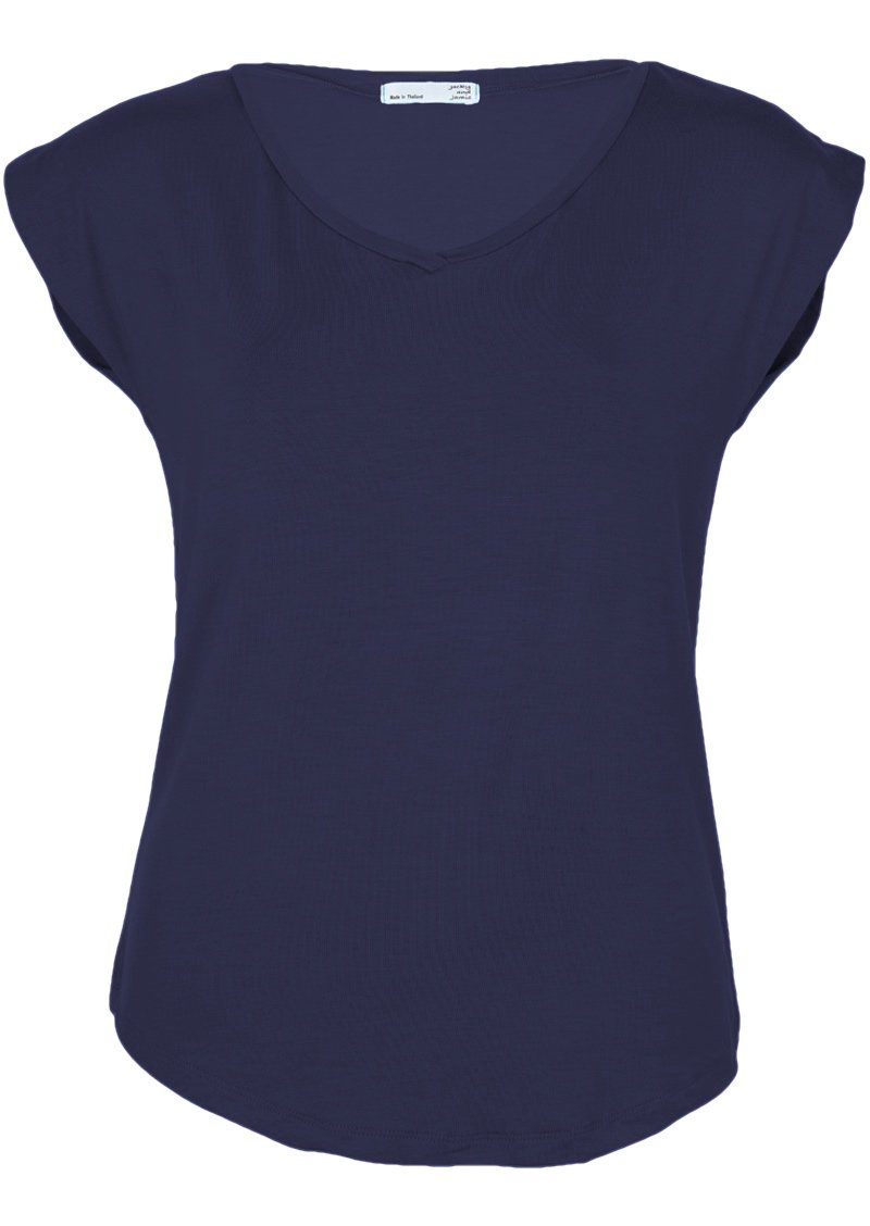 Front view of a women's navy blue v-neck short cap sleeve rayon top