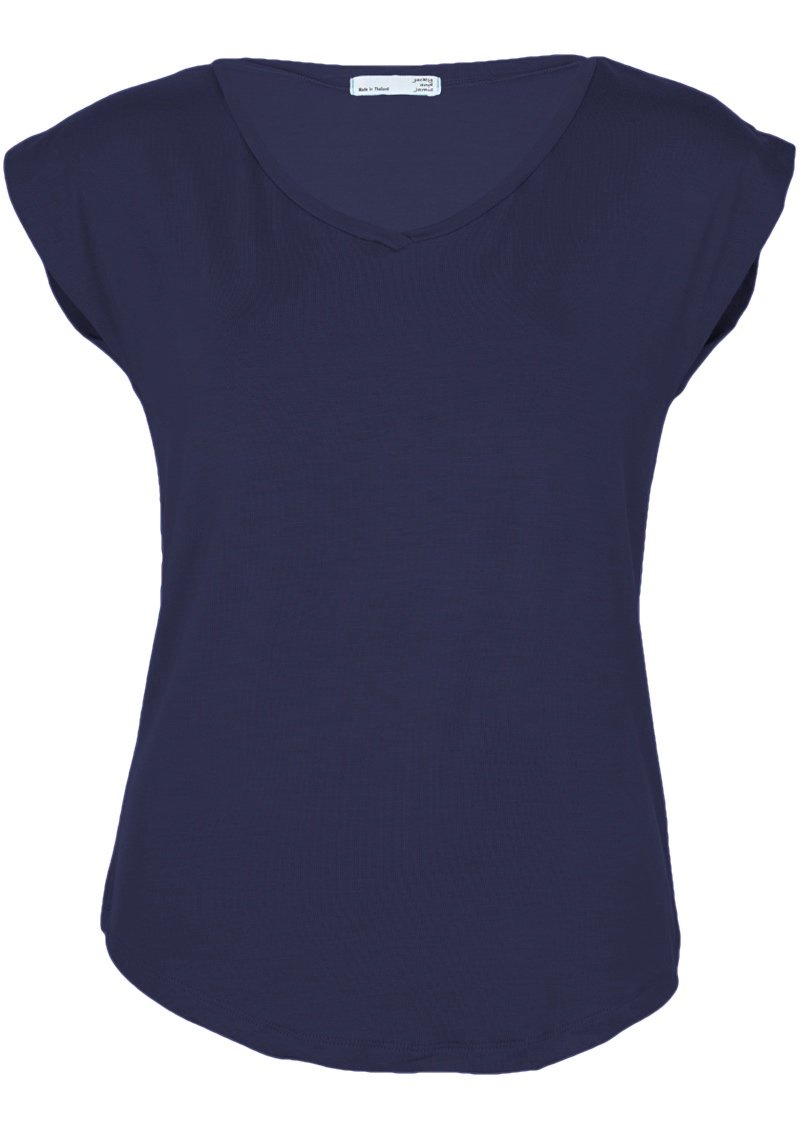Simple V-neck Top short cap sleeve v-neckline rounded hem soft stretch rayon navy blue | Karma East Australia