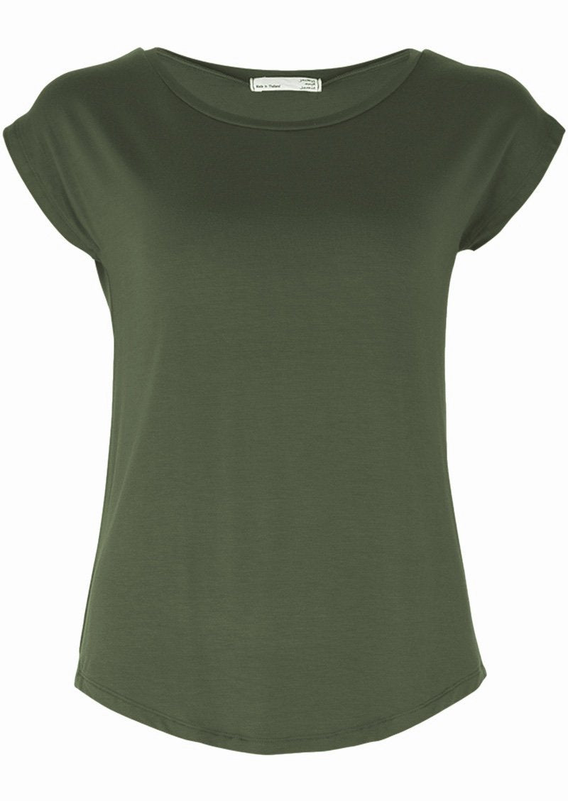 Front view of women's olive rayon jersey t-shirt.
