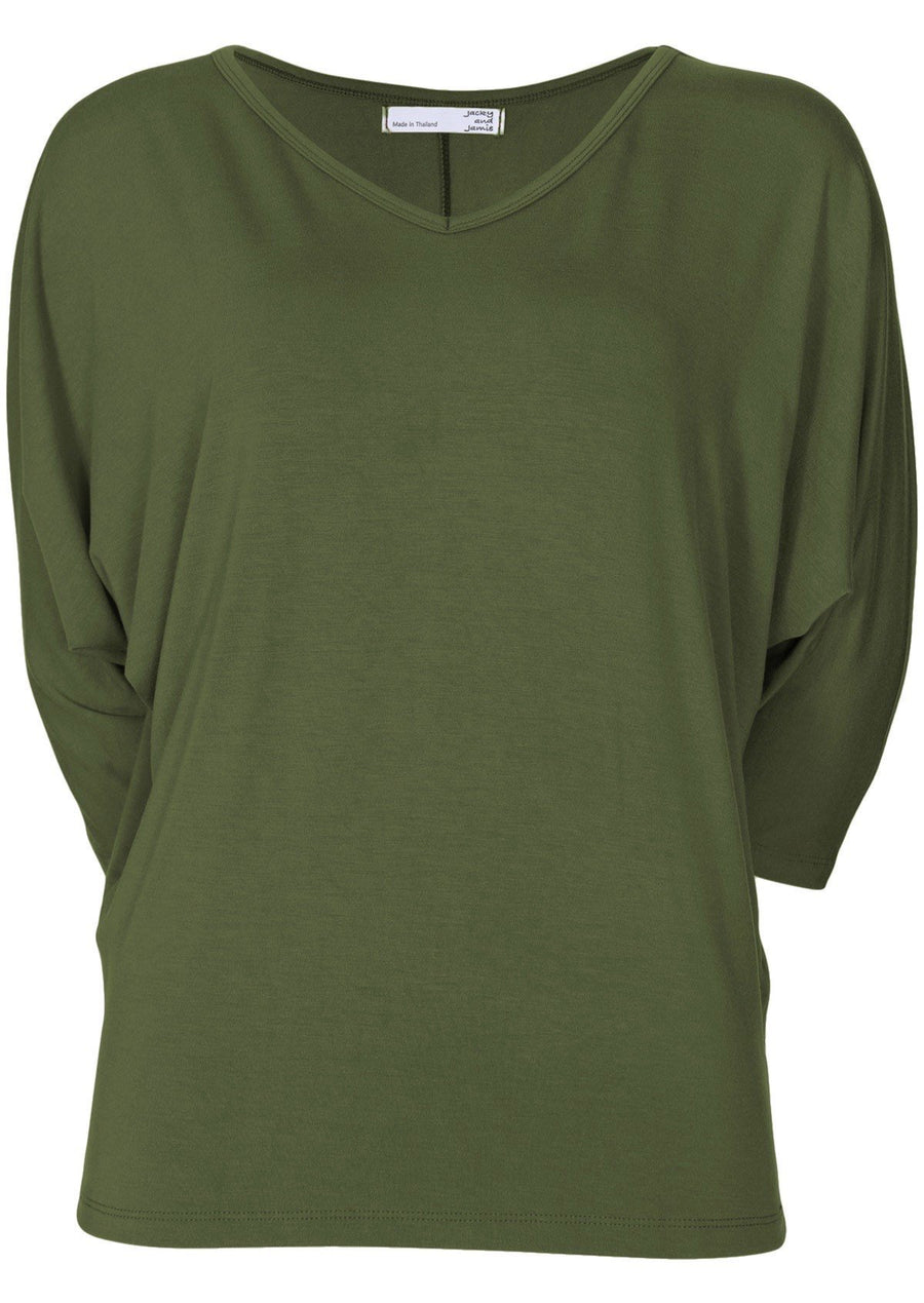 3/4 Sleeve V-neck Batwing Top loose fit body fitted at hips soft stretch rayon fabric olive green | Karma East Australia