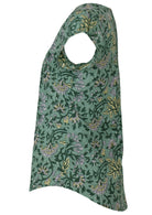 Side view of 100% cotton top with short elasticated cap sleeves.