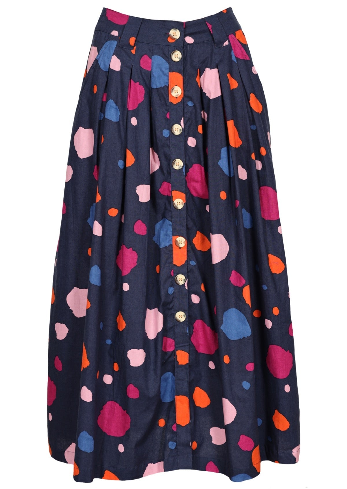 100% cotton skirt with box pleats, belt loops and pockets.