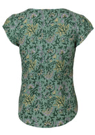 Back view of lightweight cotton top with small pleats at center of the back.