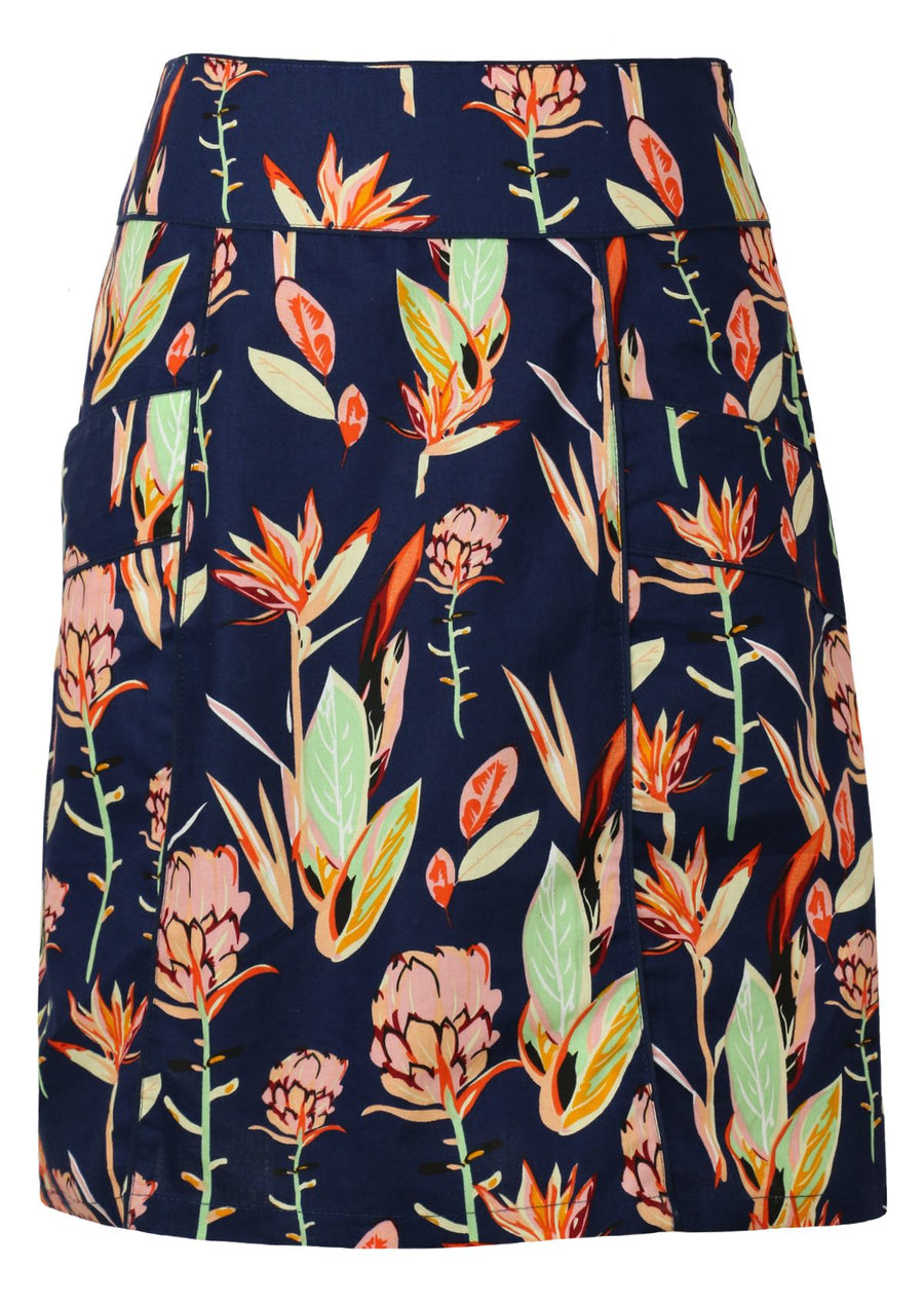 Aalia Skirt above knee length large waistband front panel piping side pockets hidden side zipper 100% cotton navy blue background multi colourful native floral print | Karma East Australia