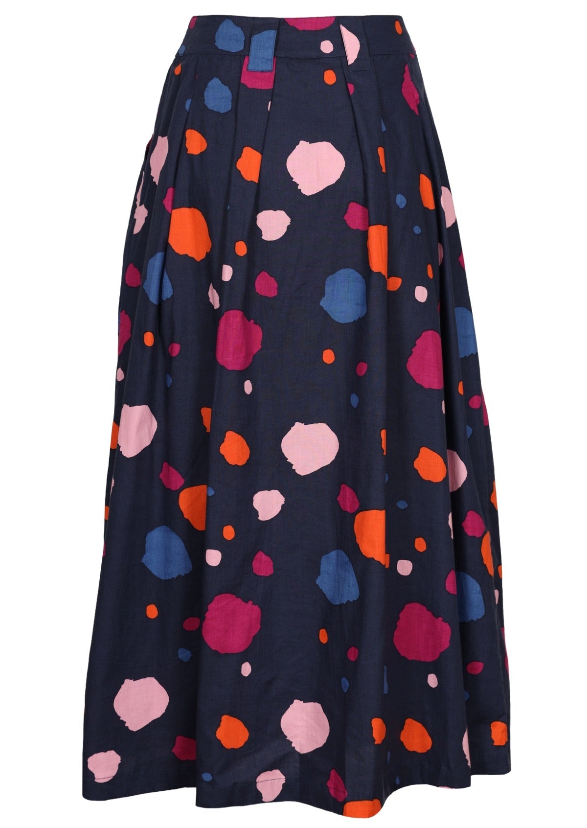 Back image of shin length cotton skirt with box pleats.