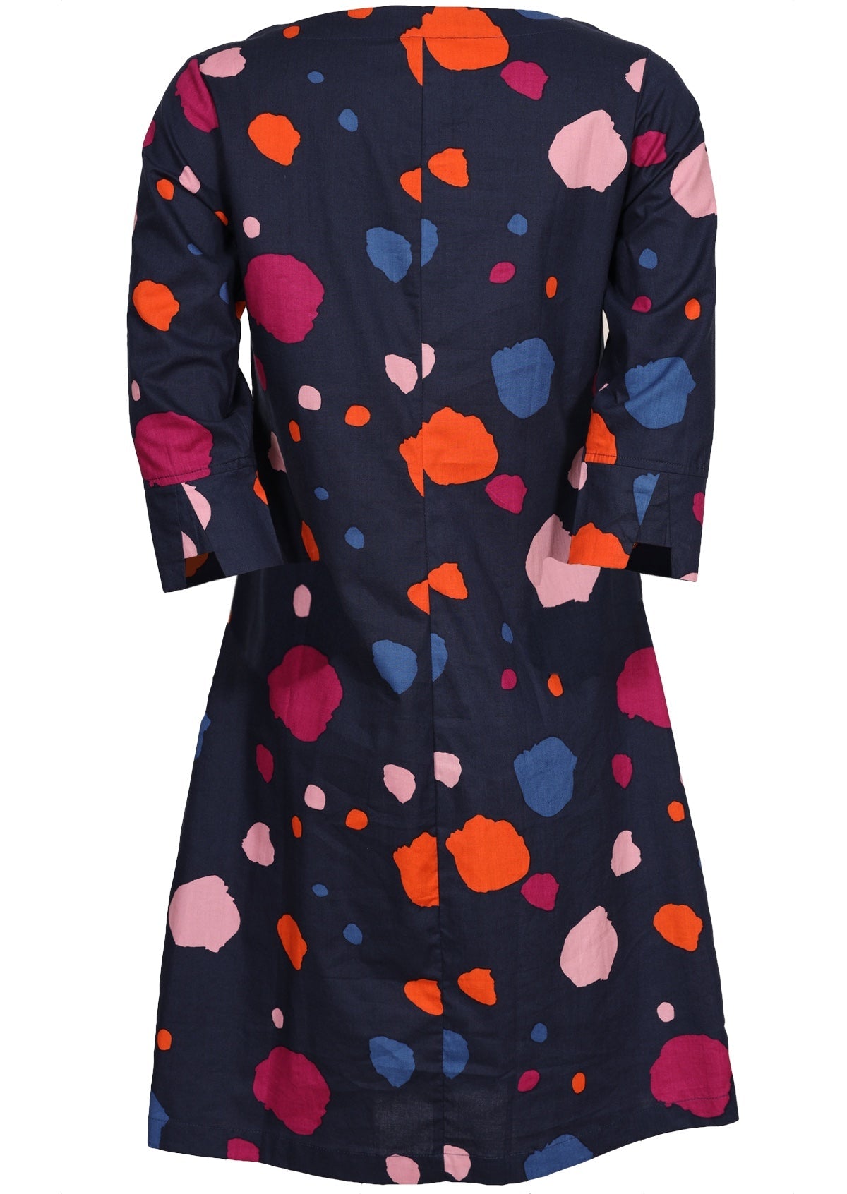 Back image of 100% cotton dress with designer cuffed 3/4 sleeves and pockets.