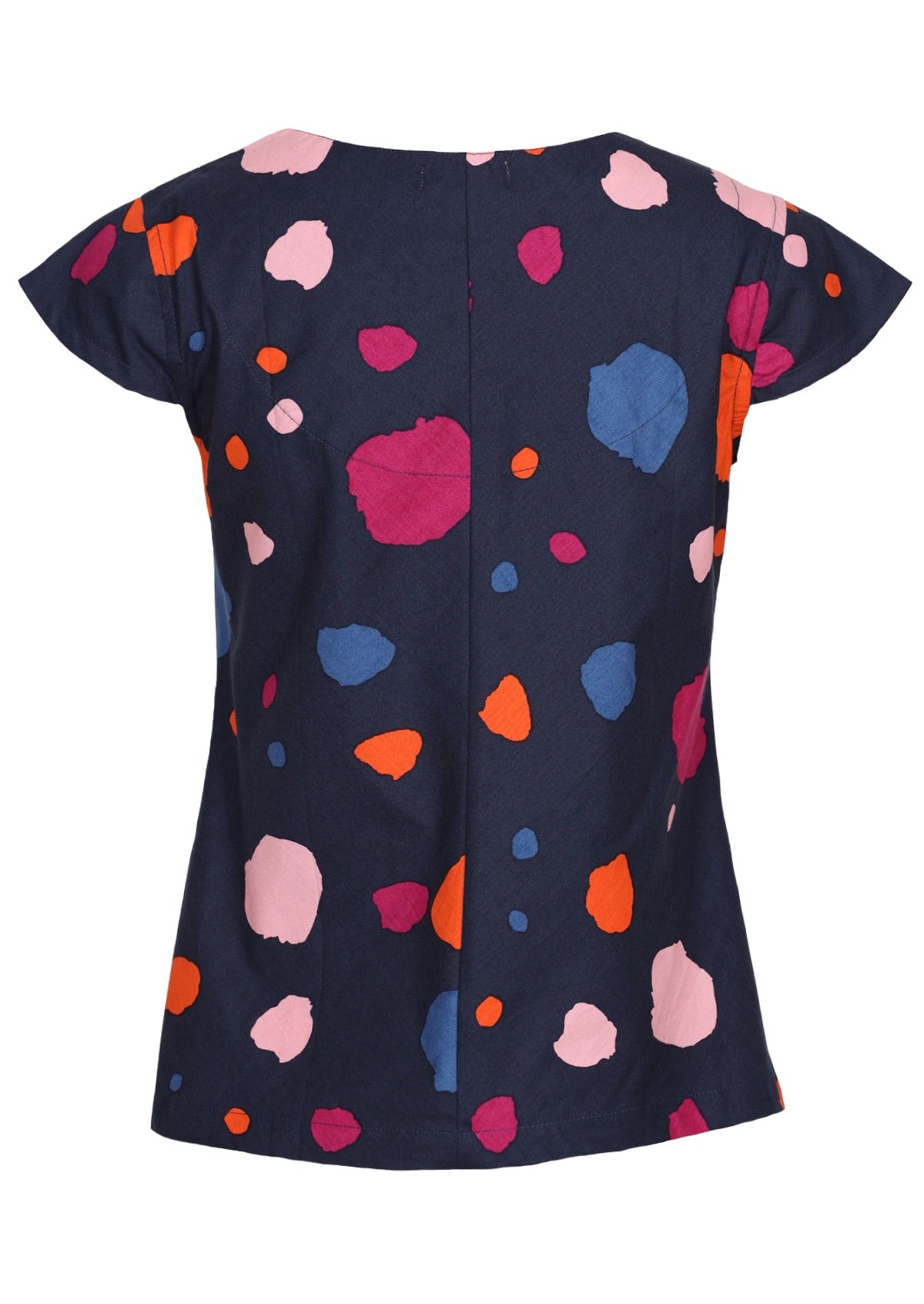 Navy blue based spotted print cotton top with cap sleeves