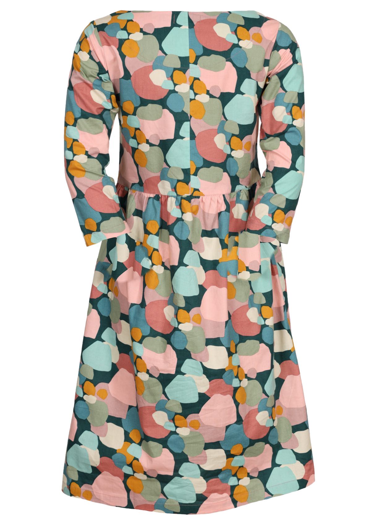 Pink, green, blue and teal spotty print cotton knee length dress