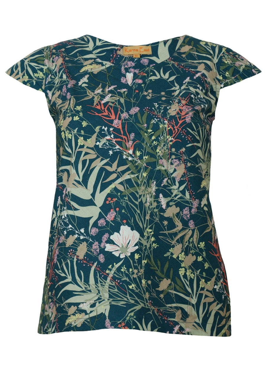 Aubrey Top Round neckline with keyhole detail cap sleeves 100% cotton blue toned floral with pink print | Karma East Australia