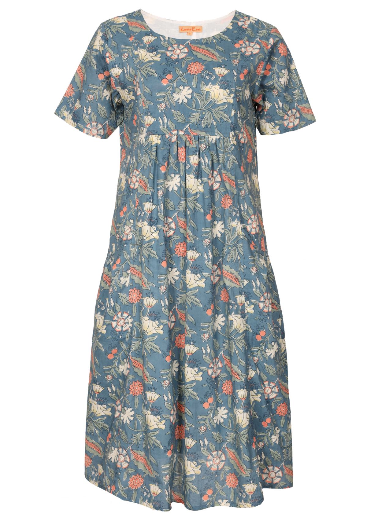 Cotton relaxed fit short sleeve dress with coral, sage and lemon floral print on a mid blue base