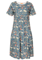 Cotton relaxed fit short sleeve dress with coral, sage and lemon floral print on a mid blue base