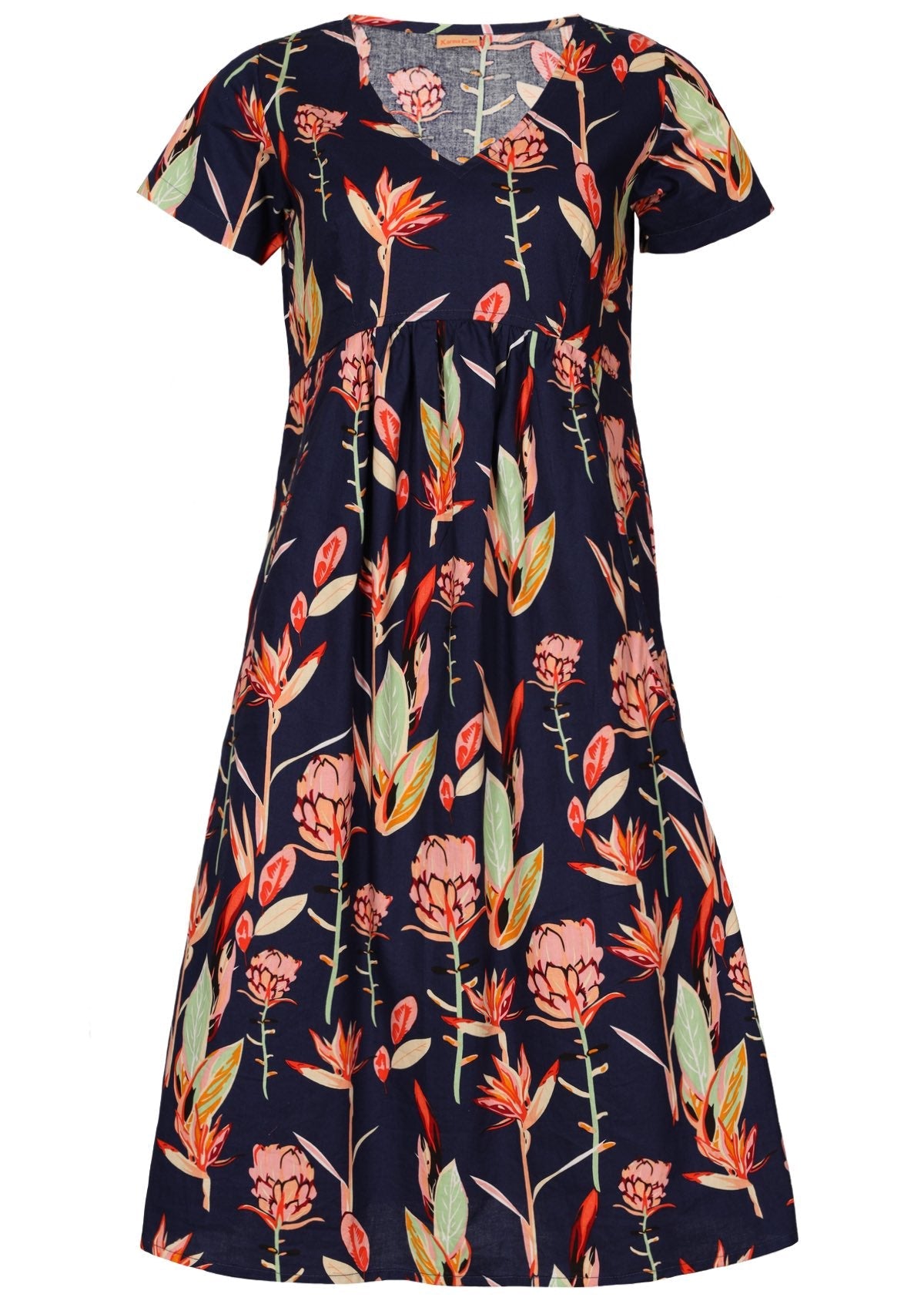 Short Sleeve Knee Length Womens Dress with V neckline and small pin tucks at the waist.