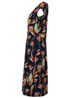 Short Sleeve Cotton Womens Dress in botanical print on a blue base, with side pockets