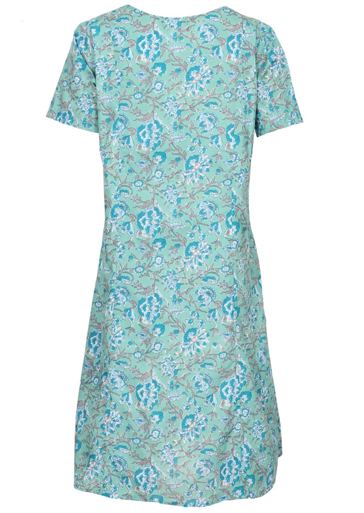 Back view of 100% cotton knee length dress in aqua based floral print.