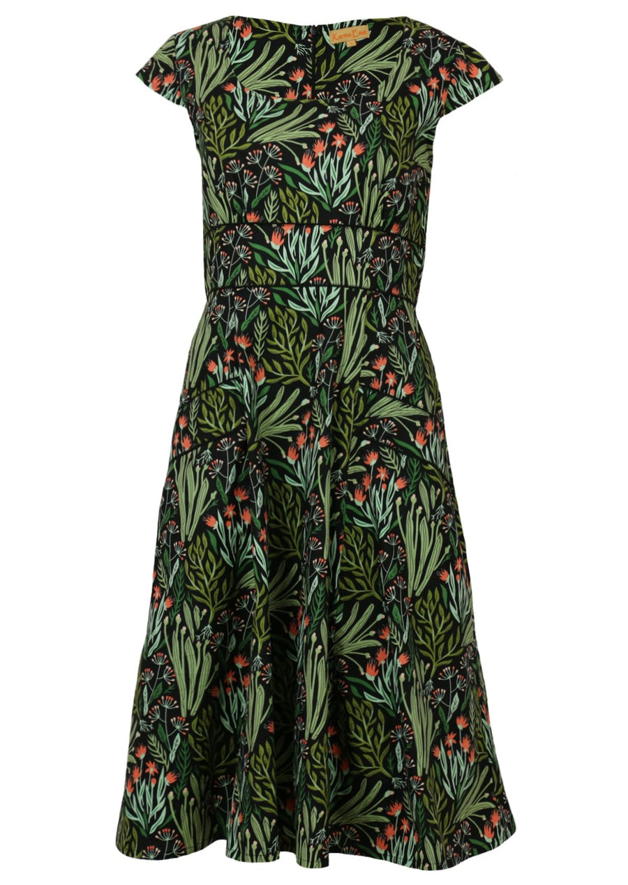 1950s Inspired Swing Womens Dress tailored bodice cap sleeve scoop neckline empire waistband flared a-line skirt below the knee length with pockets 100% cotton black background pink and green floral print | Karma East Australia