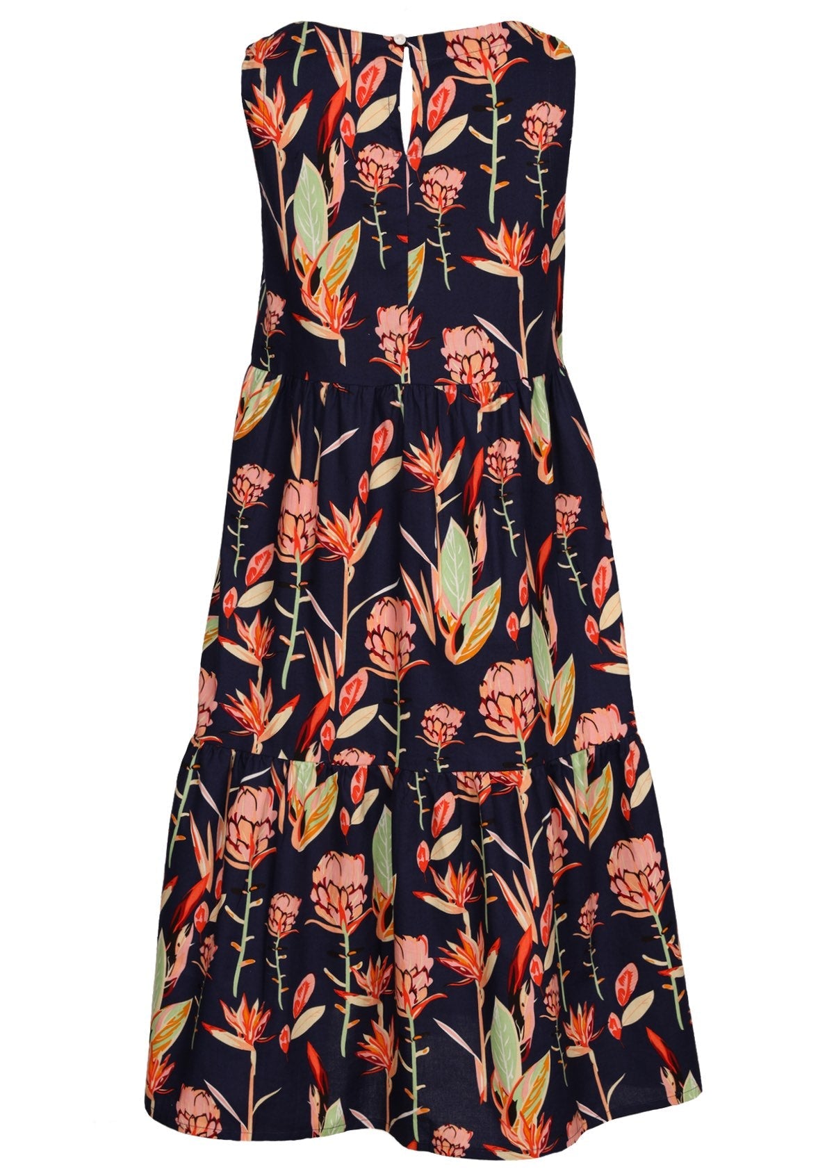 Back View Tiered Cotton Dress with button back closure.