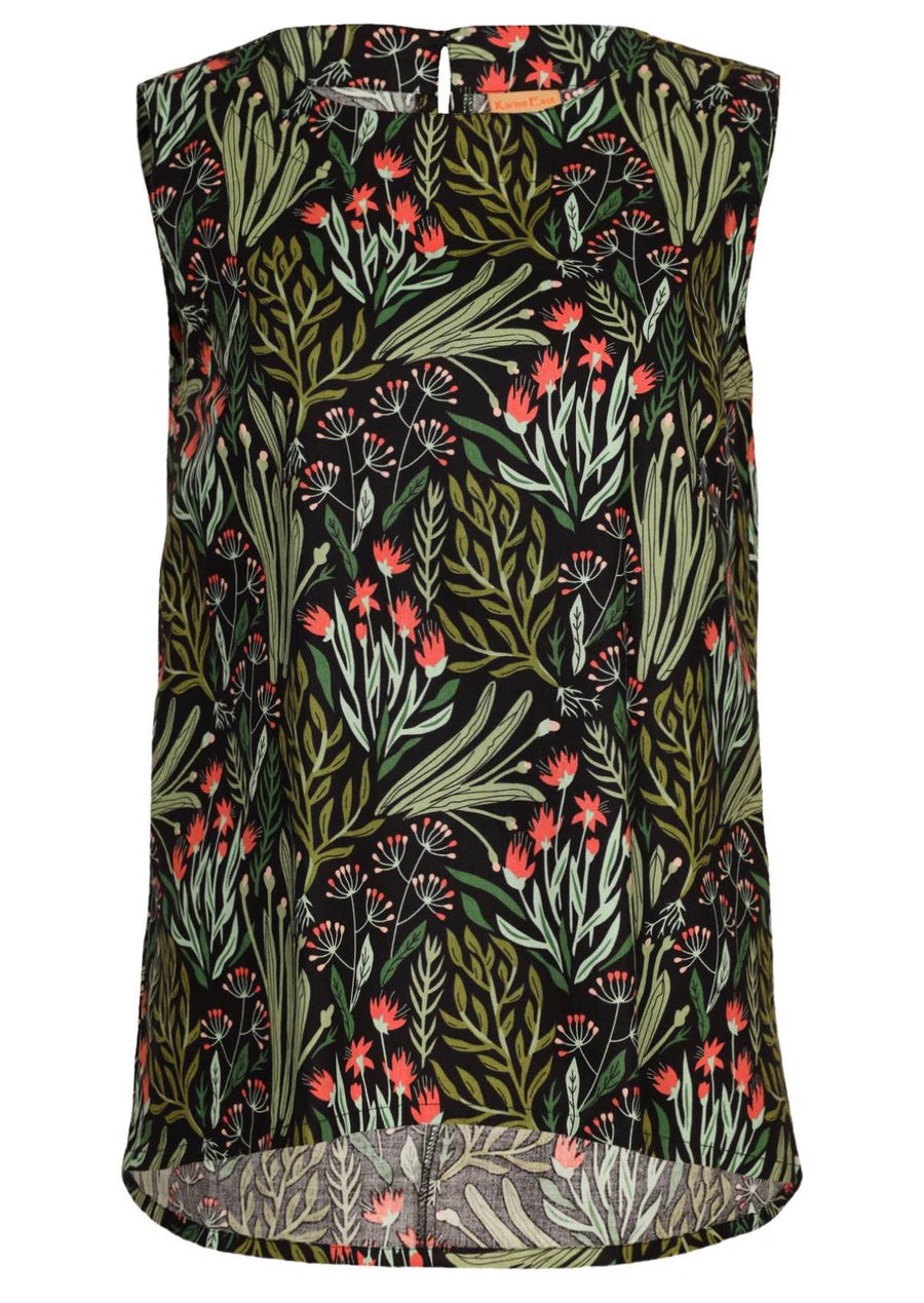 Eden Top sleeveless round neckline a-line fit with slight concave hem 100% cotton black background with green and pink floral print | Karma East Australia
