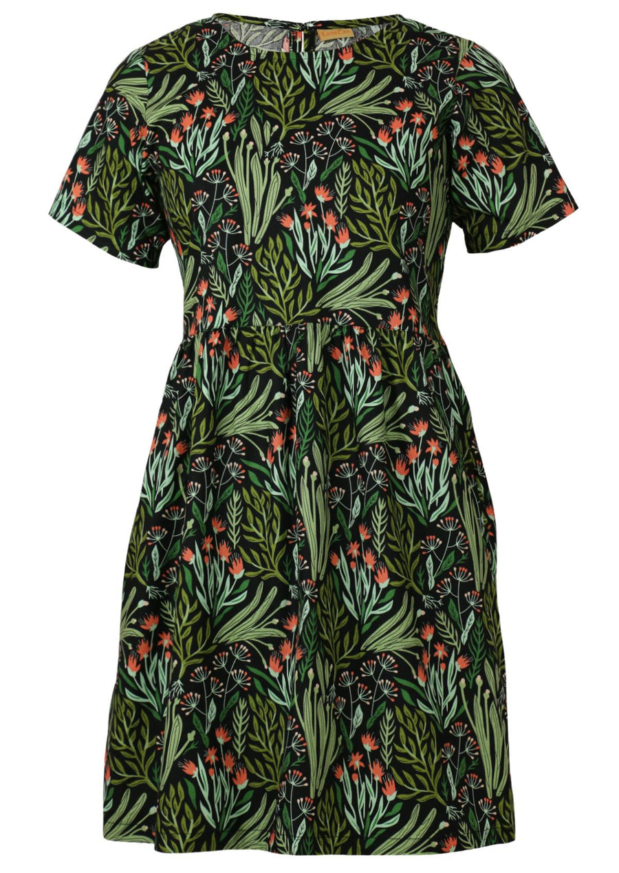 Mabel Dress Short Sleeve Relaxed fit Green Floral Cotton Dress | Karma East Australia cotton dress gathered pleats at waistline above knee length with pockets