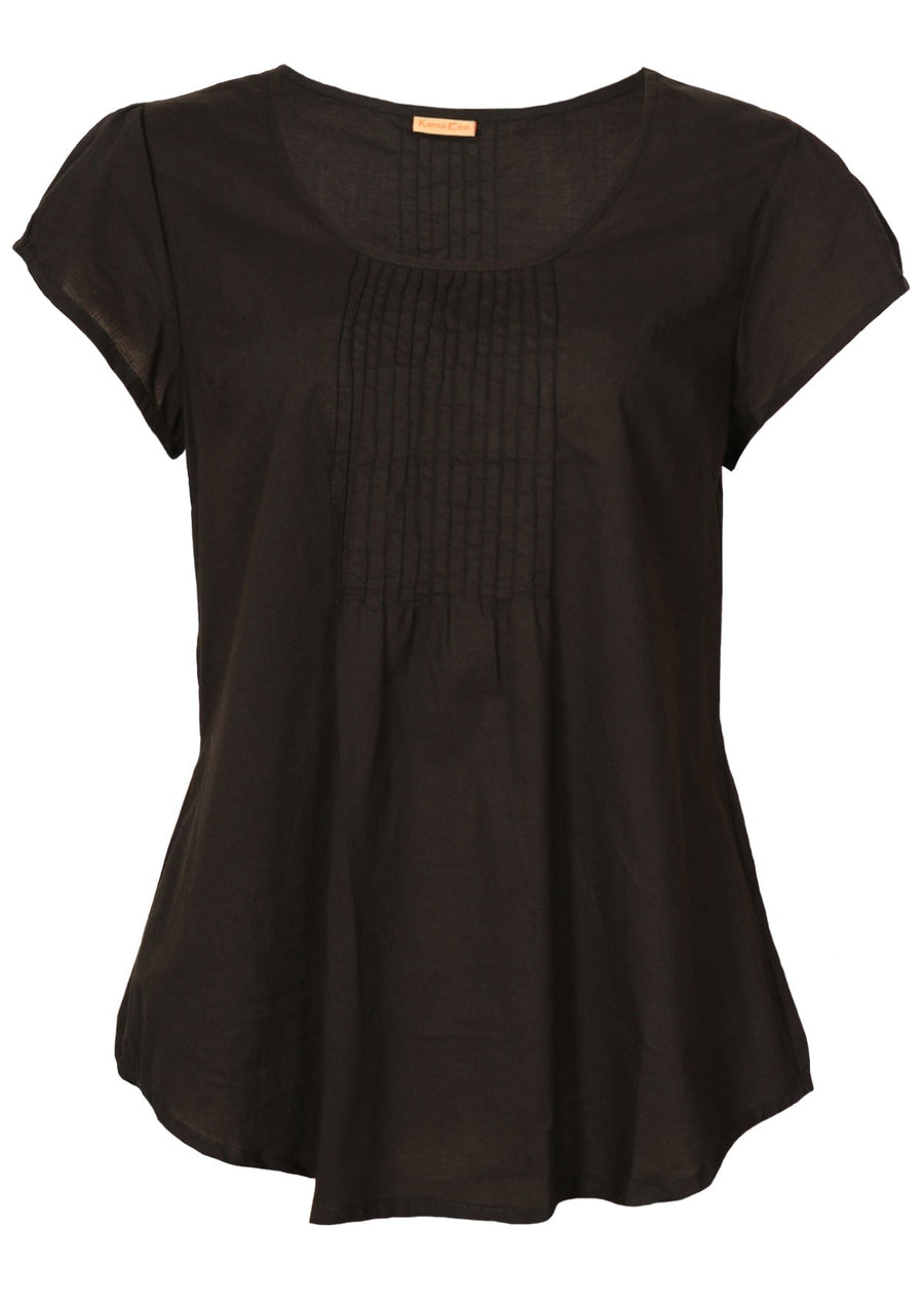 Tulsi Top cap sleeve u-shaped neckline decorative pleats from neckline curved bottom hem 100% cotton black | Karma East Australia