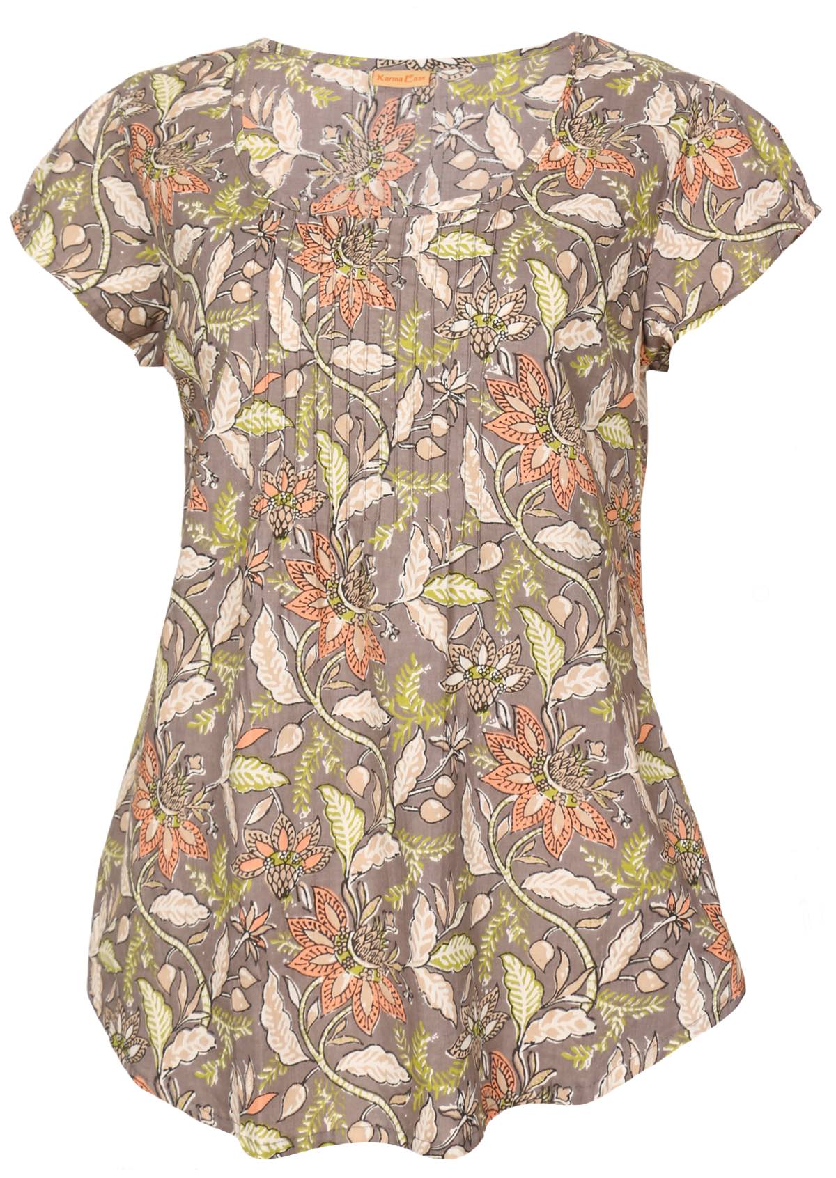 Cotton short sleeve top with decorative pleats across bust, in floral print with pink and lime highlights