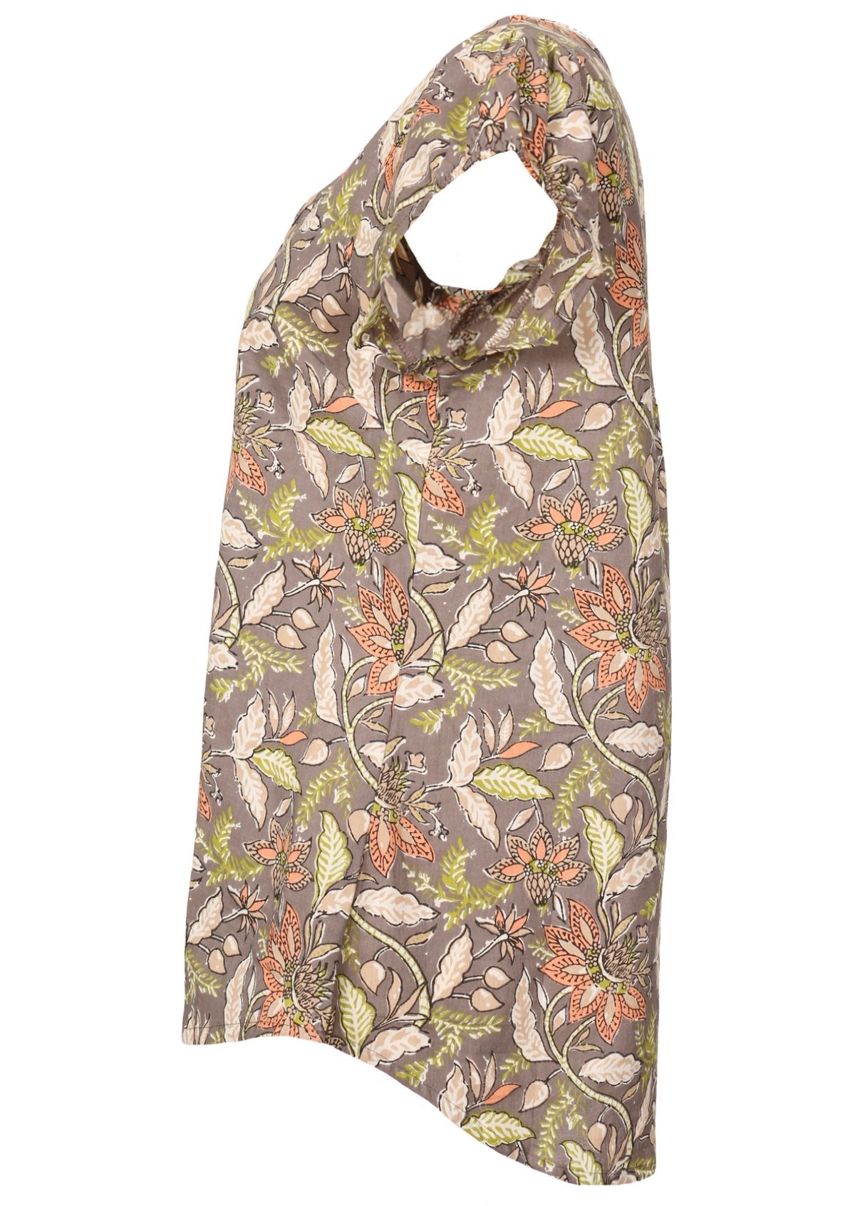 Deep taupe based floral print cotton short sleeve top that is longer at the back