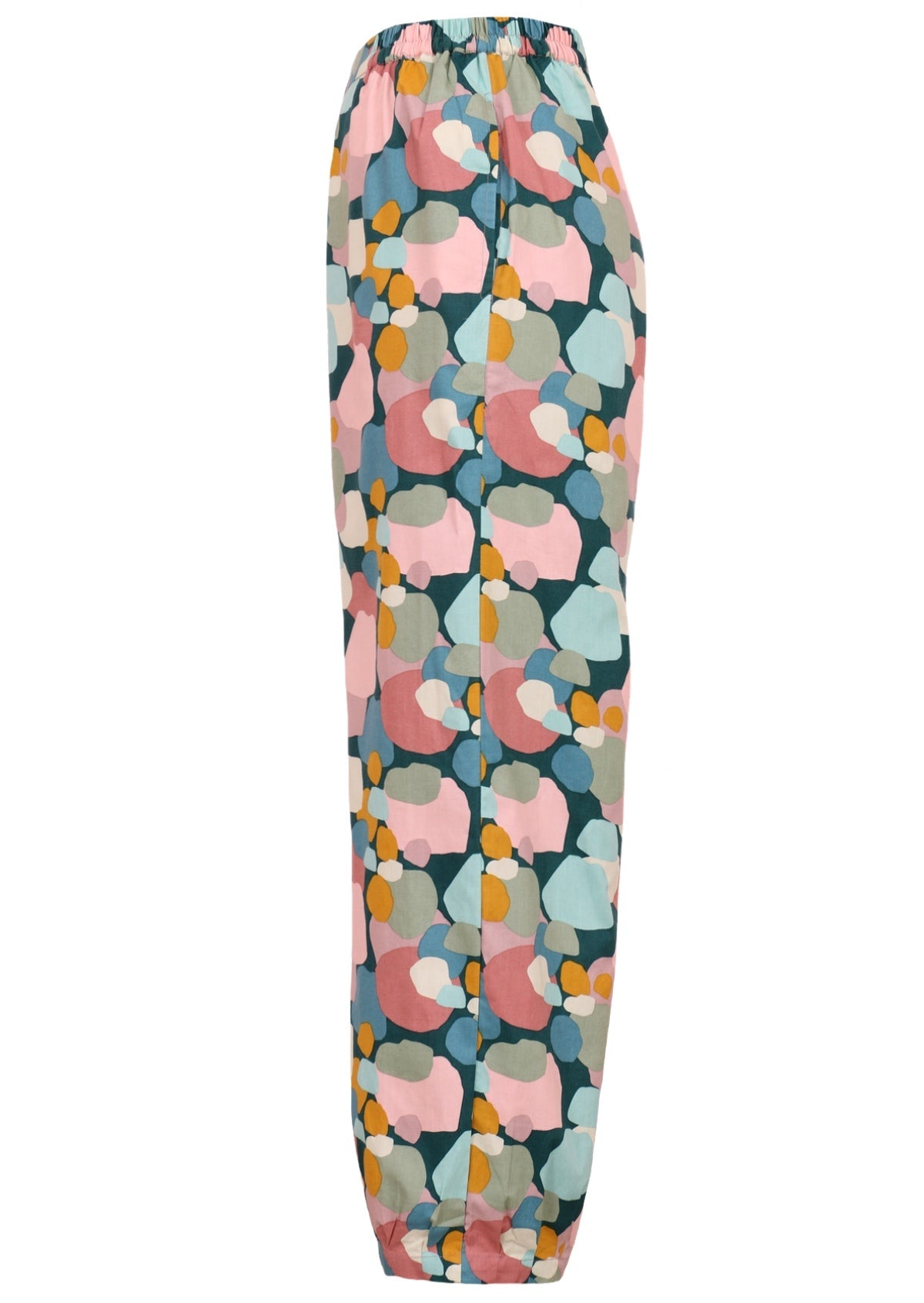 Side view of cotton women's pant hidden side pockets and elasticated waist