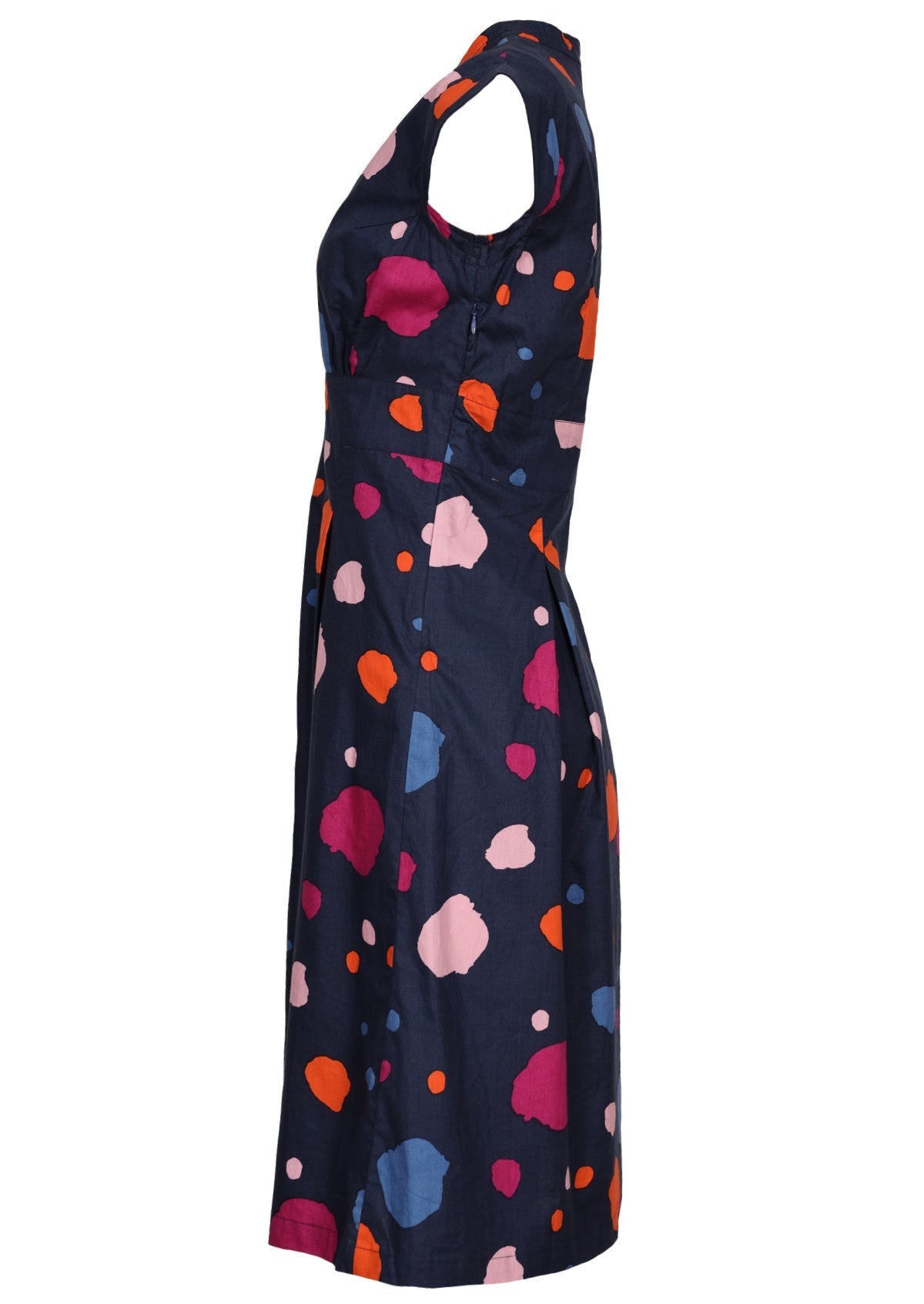 Blue based multi coloured spotty print cotton knee length dress with hidden side zip