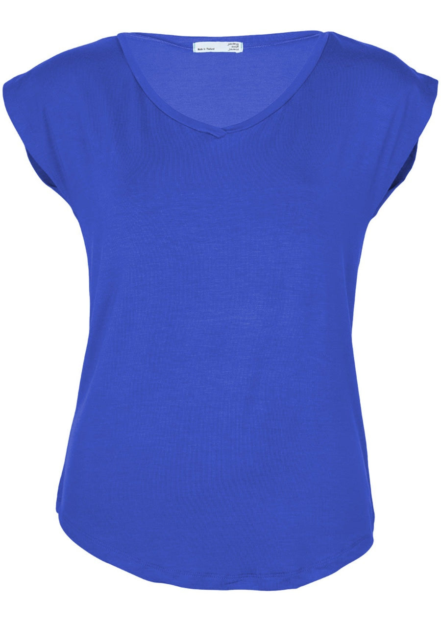 Simple V-neck Top short cap sleeve rounded v-neck curved hem soft stretch rayon blue | Karma East Australia