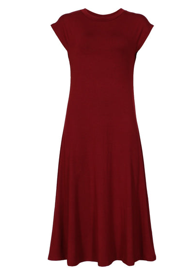 Round Neck maroon red stretch midi dress