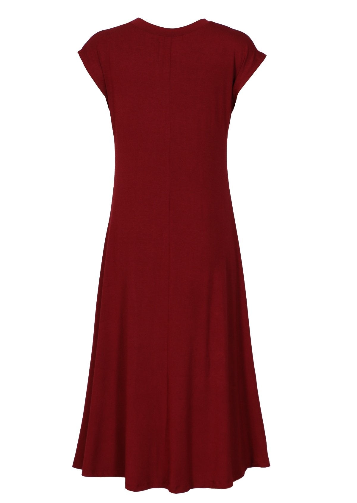 back view short sleeve maroon stretch rayon midi dress
