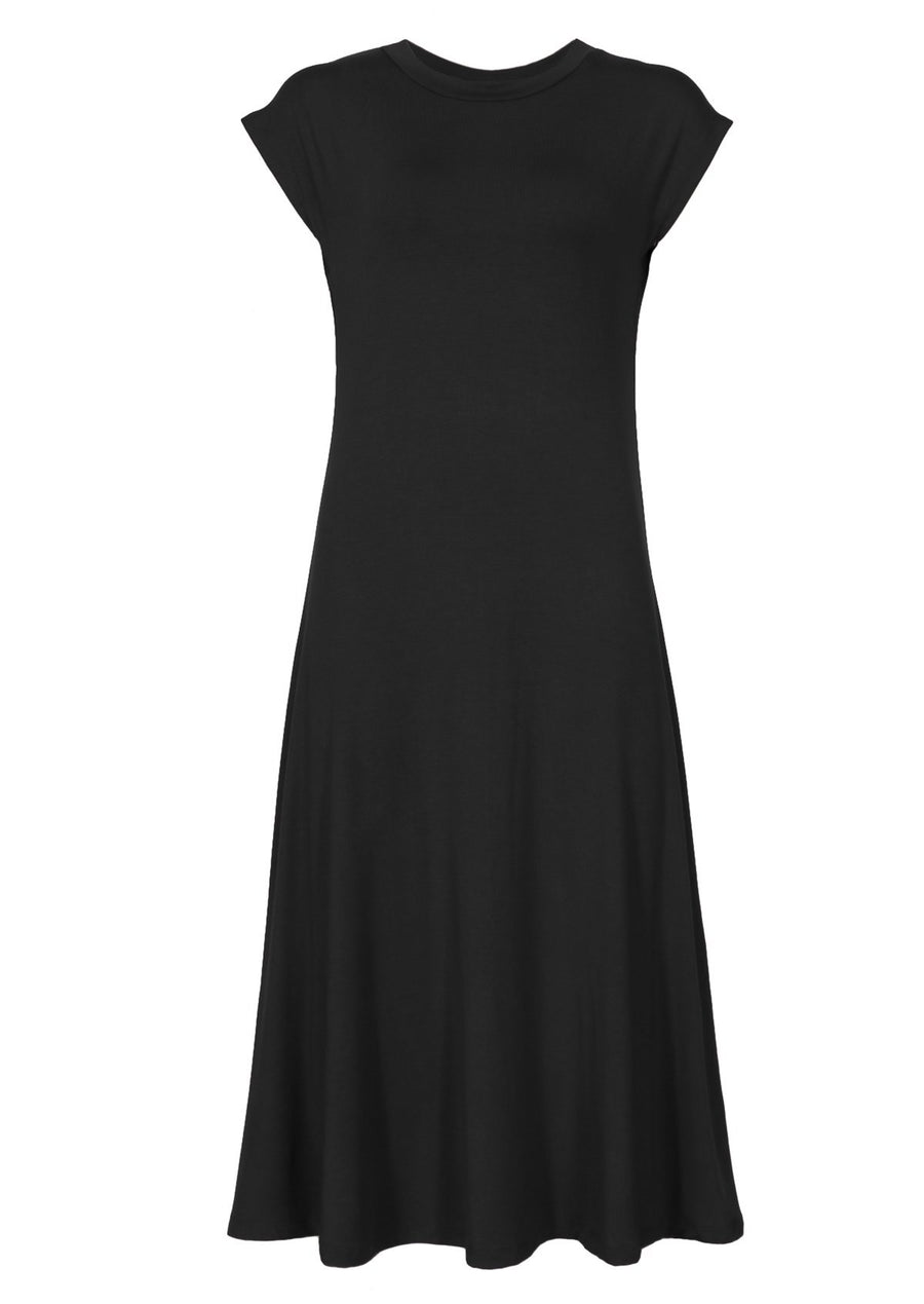 Short Sleeve A-line Midi Soft Stretch Rayon Dress Black | Karma East Australia