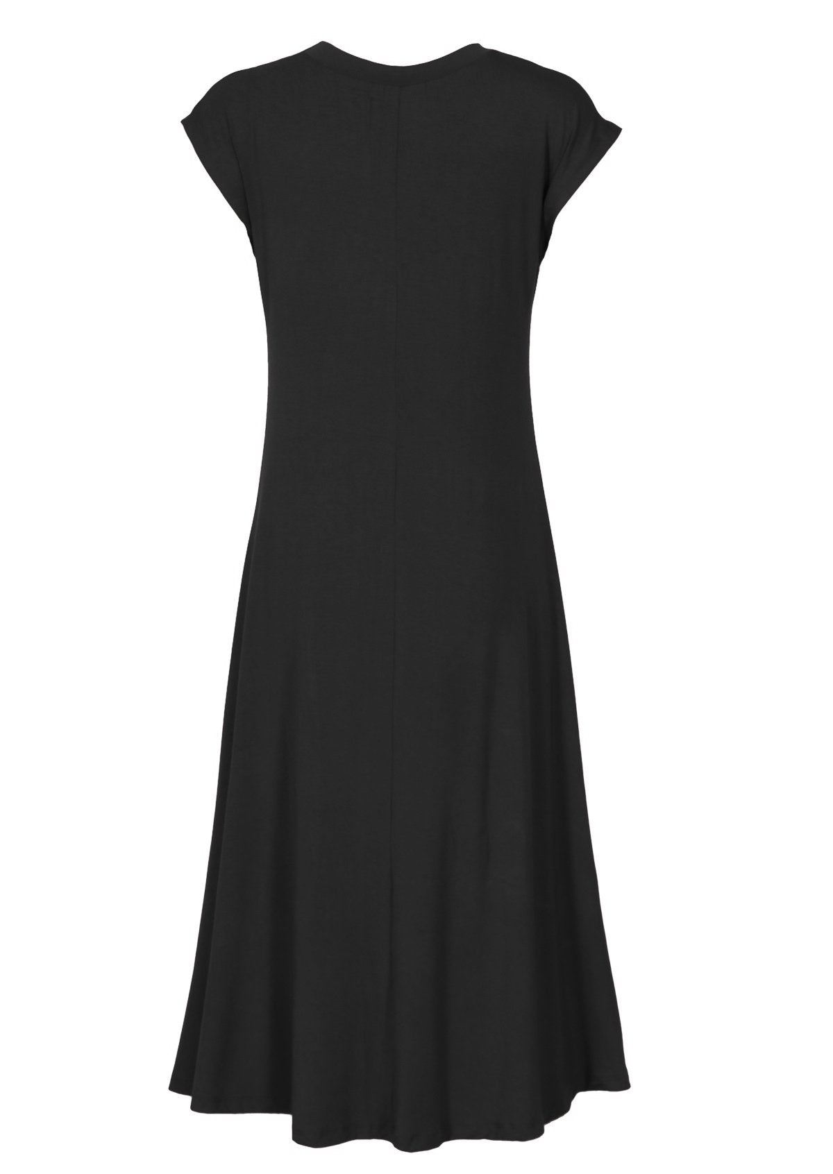 Back view short sleeve back seam stretch midi dress black